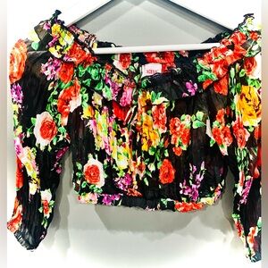 Xceso Off the shoulder Floral Print Sheer Crop Top Sz S